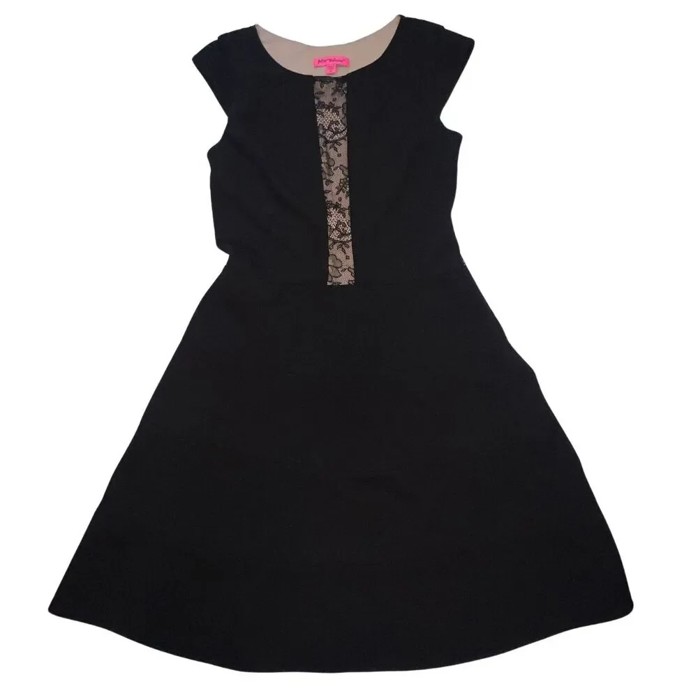 Betsy Johnson Cocktail Dress 10 Black Floral Lace Cap Sleeve Asymmetrical Flare - Picture 1 of 11